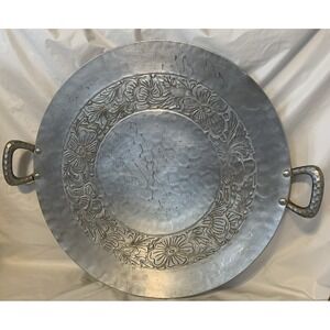 VTG Hand Forged‎ Everlast Metal Aluminum TRAY w/ Handles  Round 14 1/2" Floral